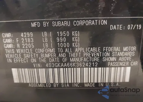 2019 Subaru Impreza 2.0I из США, поврежденный, VIN 4S3GKAA66K3624212